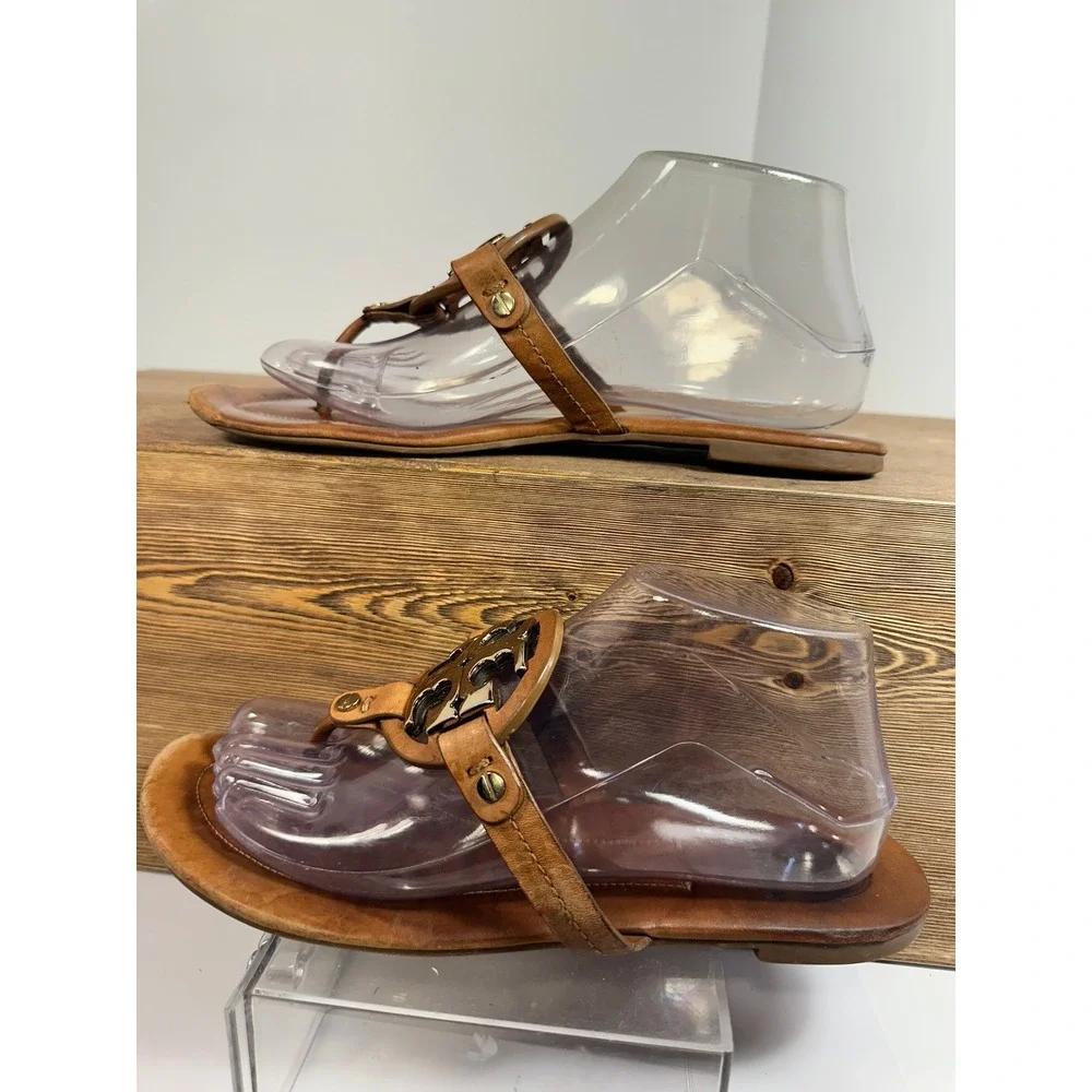 Tory Burch Mini Miller Sandals Women SZ 8 Brown Gold Logo Flip Flop Resort Boho